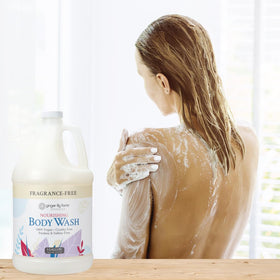 Ginger Lily Farms spa lifestyle shower setting conveys unscented calm and gentle care