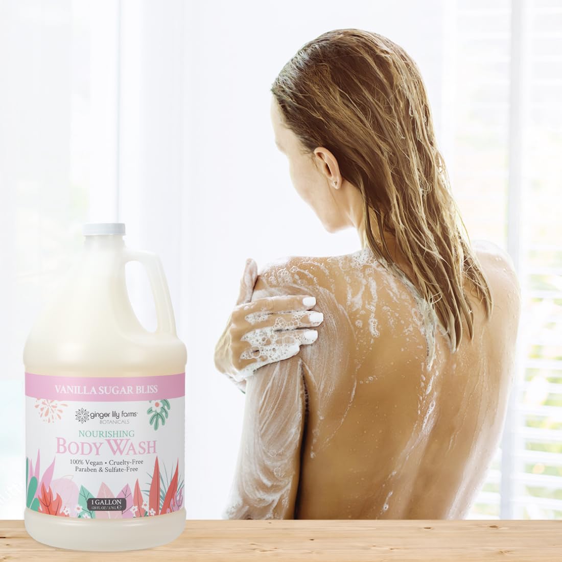 Spa locker room dispenser refilled with Ginger Lily Farms highlighting reduced plastic waste