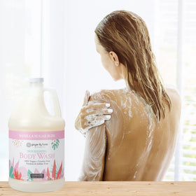 Spa locker room dispenser refilled with Ginger Lily Farms highlighting reduced plastic waste