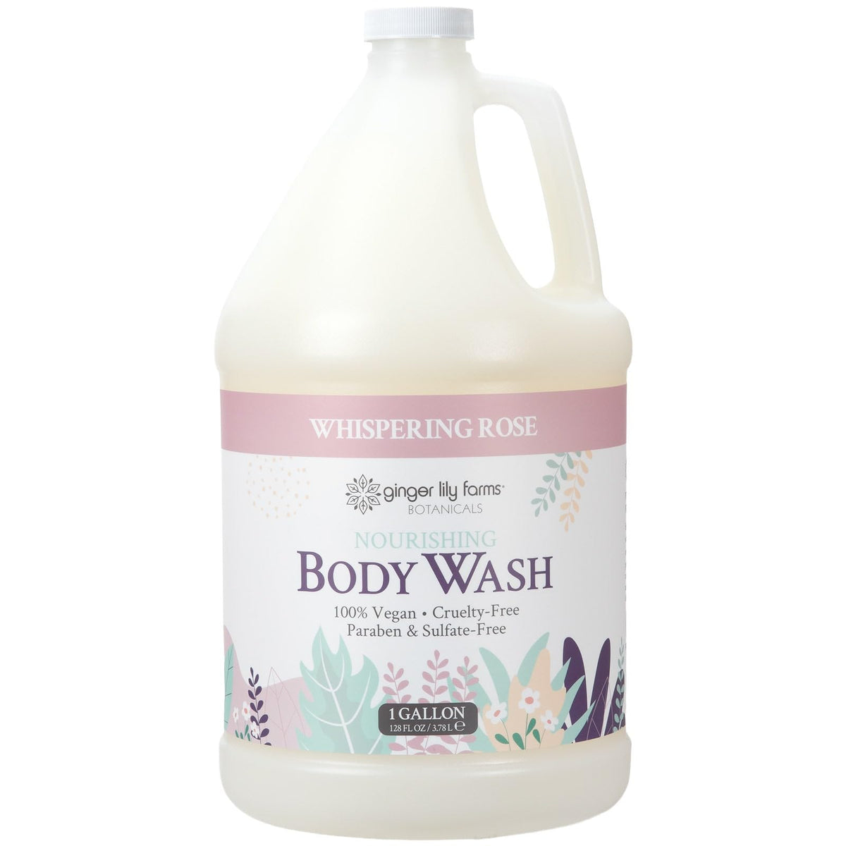 Ginger Lily Farms gallon front showing bottle and label, highlights eco refill benefit