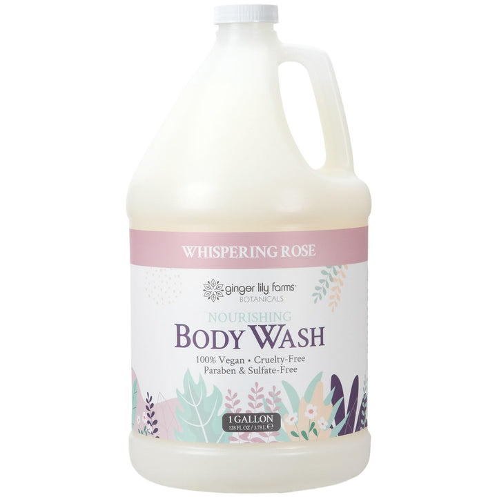 Ginger Lily Farms gallon front showing bottle and label, highlights eco refill benefit