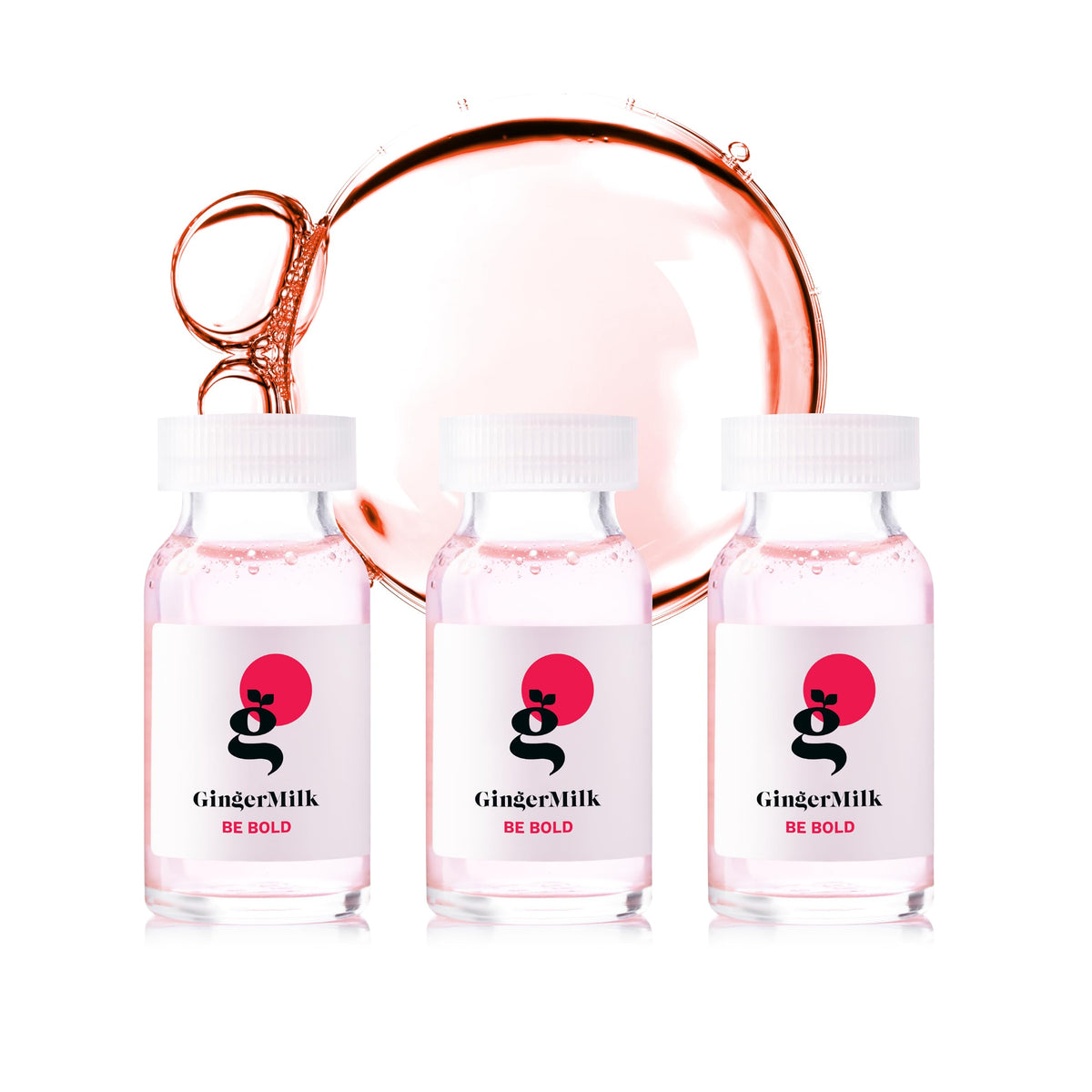 Ginger Milk ampoule front packaging showing three vials and clear benefits