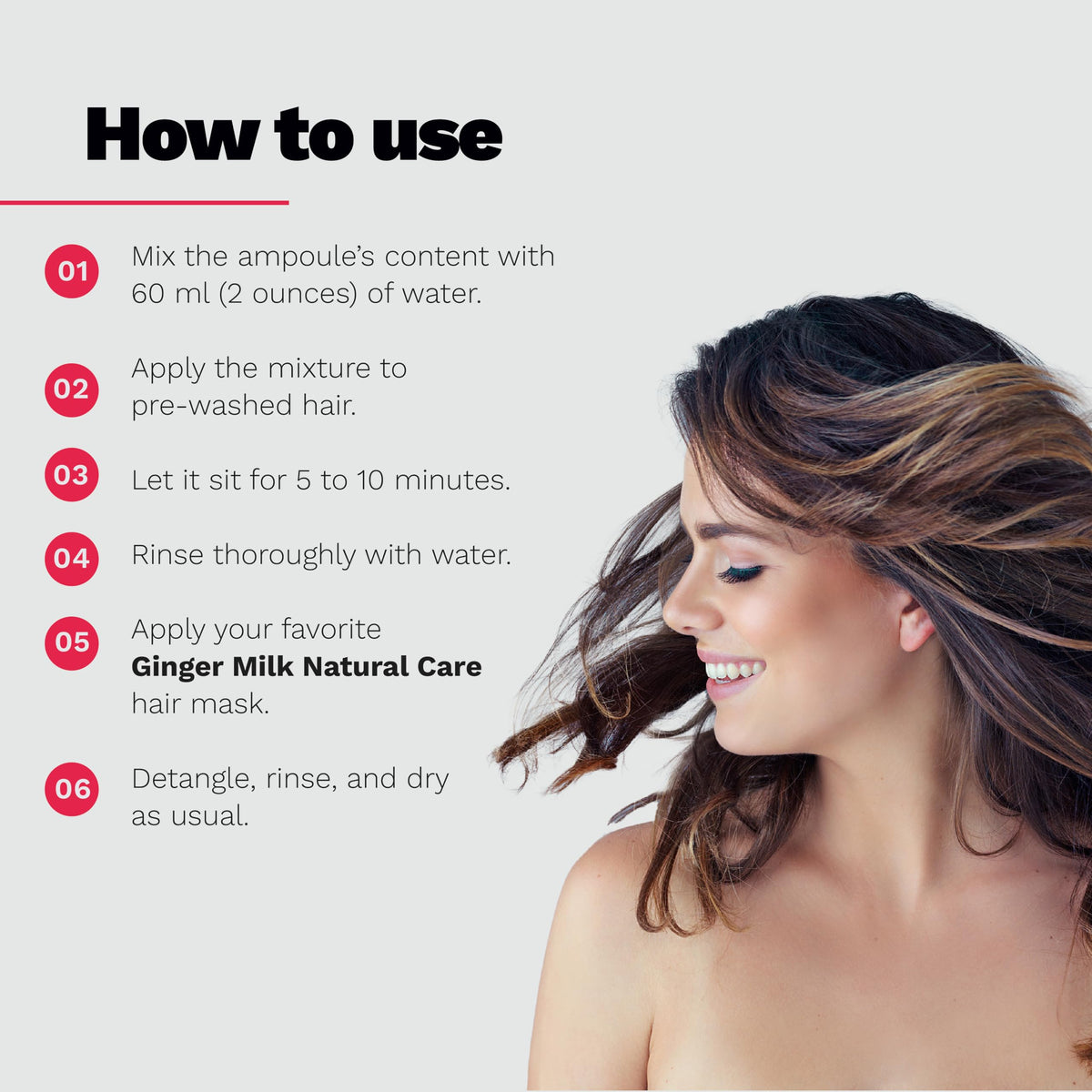 Ginger Milk ampoule applied to wet hair highlighting fast absorption