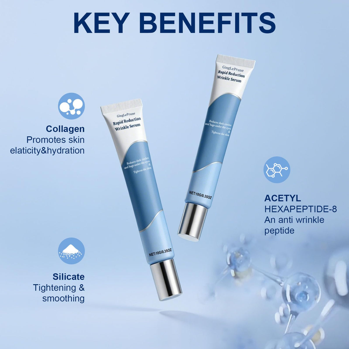 GingLePrune serum dispenser pump delivering precise dose for targeted under-eye application