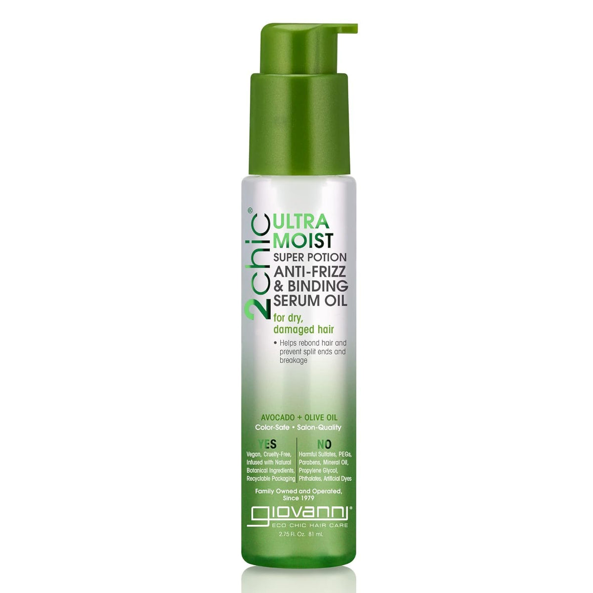GIOVANNI front bottle showing serum packaging and benefit of shine