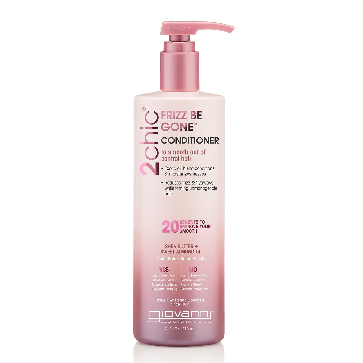 GIOVANNI 2chic front packaging shows bottle and label, conveys frizz control benefit