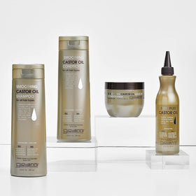 Giovanni bottle with castor jojoba argan oils flatlay highlighting nourishing ingredient blend