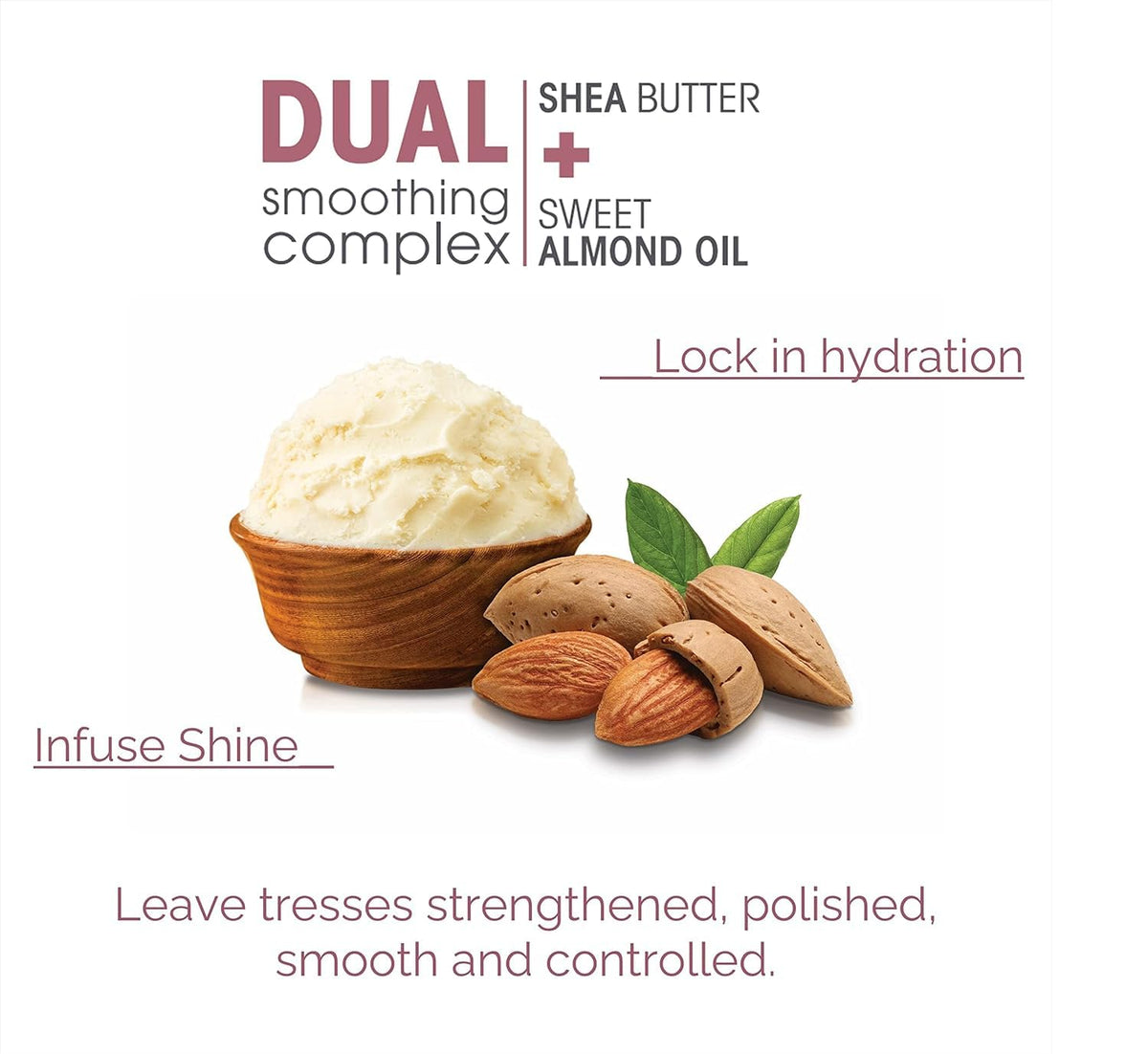 GIOVANNI bottle beside shea butter and almonds showing natural ingredients and nourishment