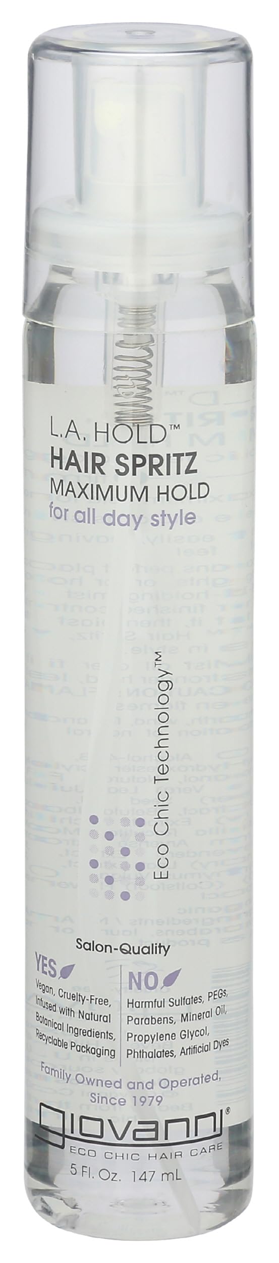 GIOVANNI front packaging of L.A. Hold Hair Spritz showing bottle and branding for immediate recognition and product benefits