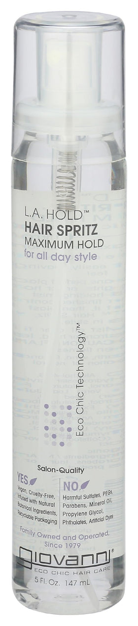 GIOVANNI front packaging of L.A. Hold Hair Spritz showing bottle and branding for immediate recognition and product benefits