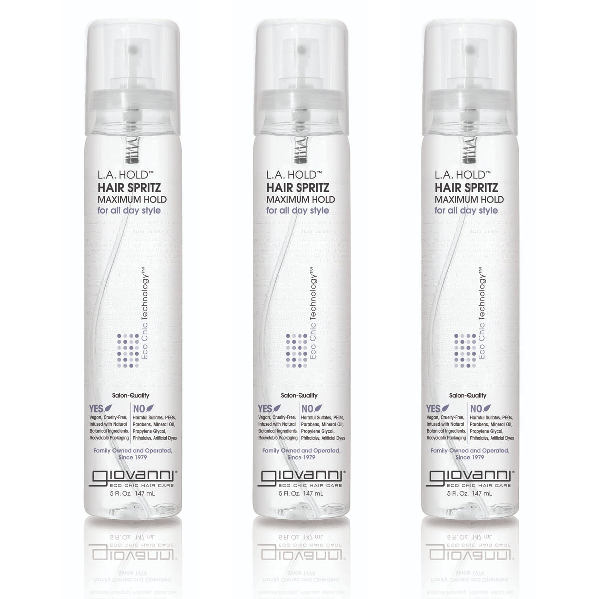 GIOVANNI front view of three 5 oz L.A. Hold Hair Spritz bottles, strong hold convenience
