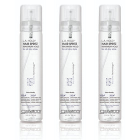 GIOVANNI front view of three 5 oz L.A. Hold Hair Spritz bottles, strong hold convenience