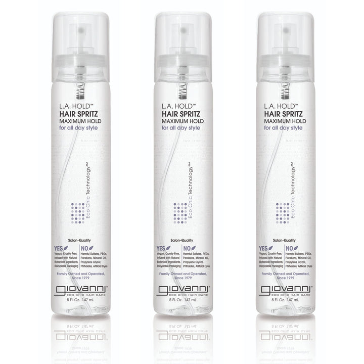 GIOVANNI front view of three 5 oz L.A. Hold Hair Spritz bottles, strong hold convenience