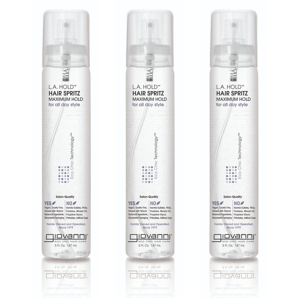 GIOVANNI front view of three 5 oz L.A. Hold Hair Spritz bottles, strong hold convenience
