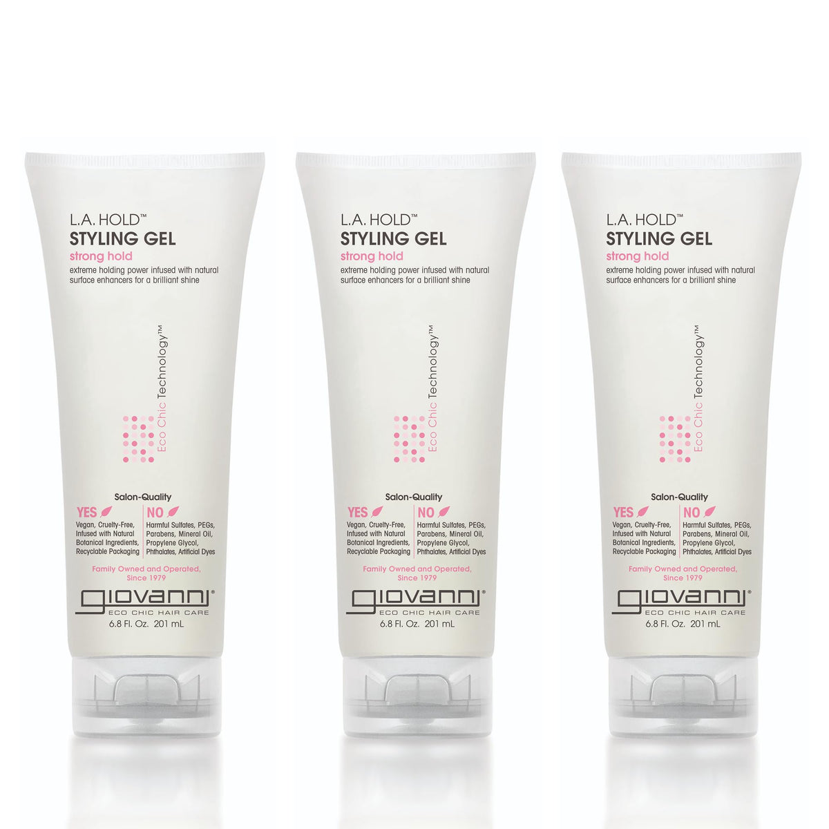 GIOVANNI front packaging showing three 6.8oz bottles for value and strong hold