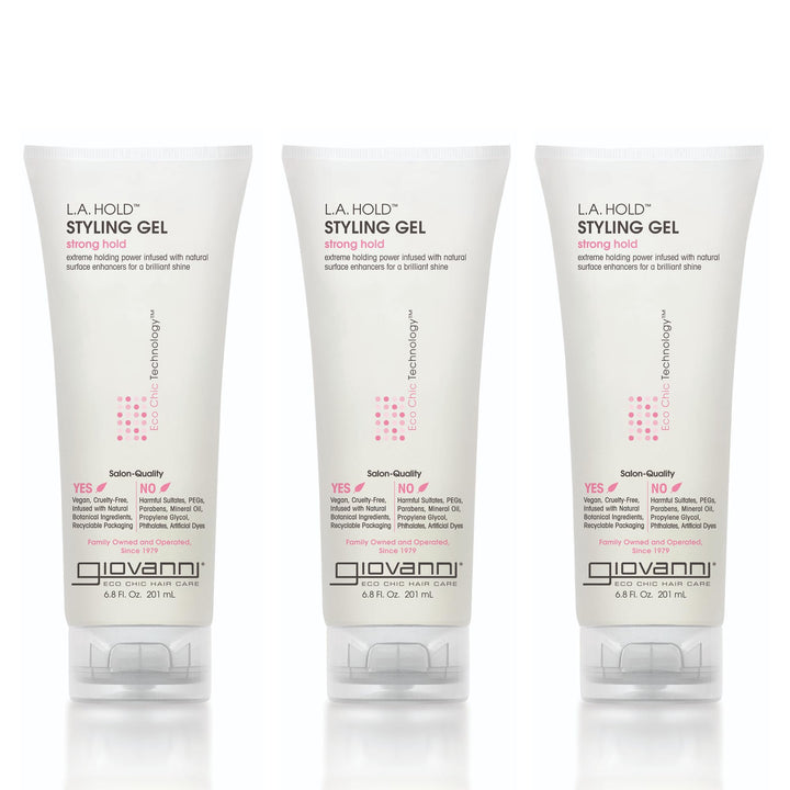 GIOVANNI front packaging showing three 6.8oz bottles for value and strong hold