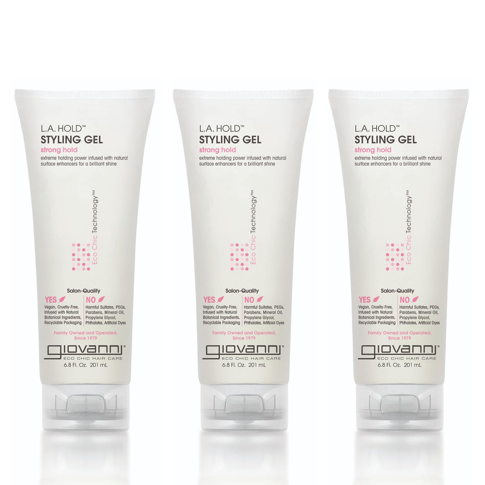 GIOVANNI front packaging showing three 6.8oz bottles for value and strong hold
