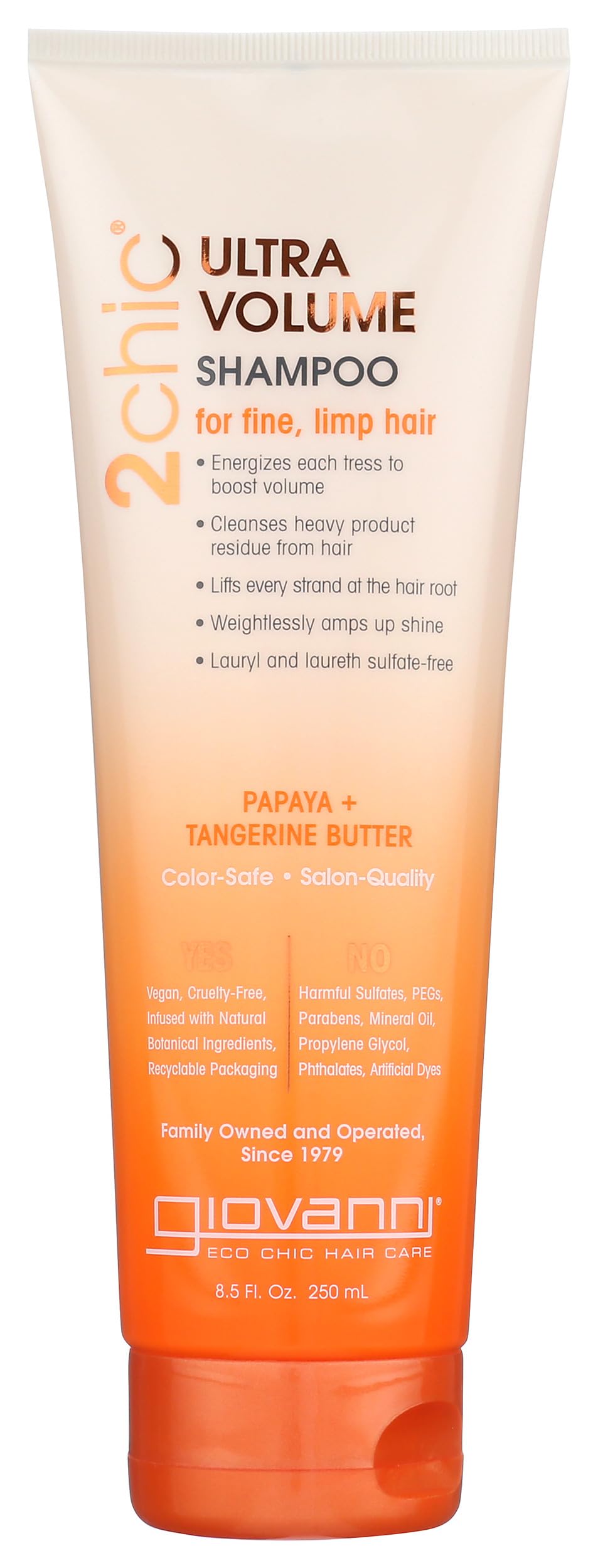 GIOVANNI front bottle shot showing ultra-volume branding and clean design boosting shelf appeal