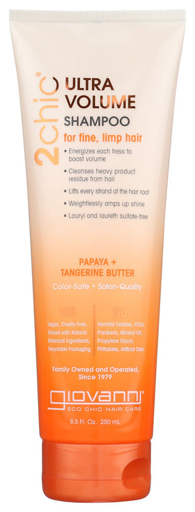 GIOVANNI front bottle shot showing ultra-volume branding and clean design boosting shelf appeal
