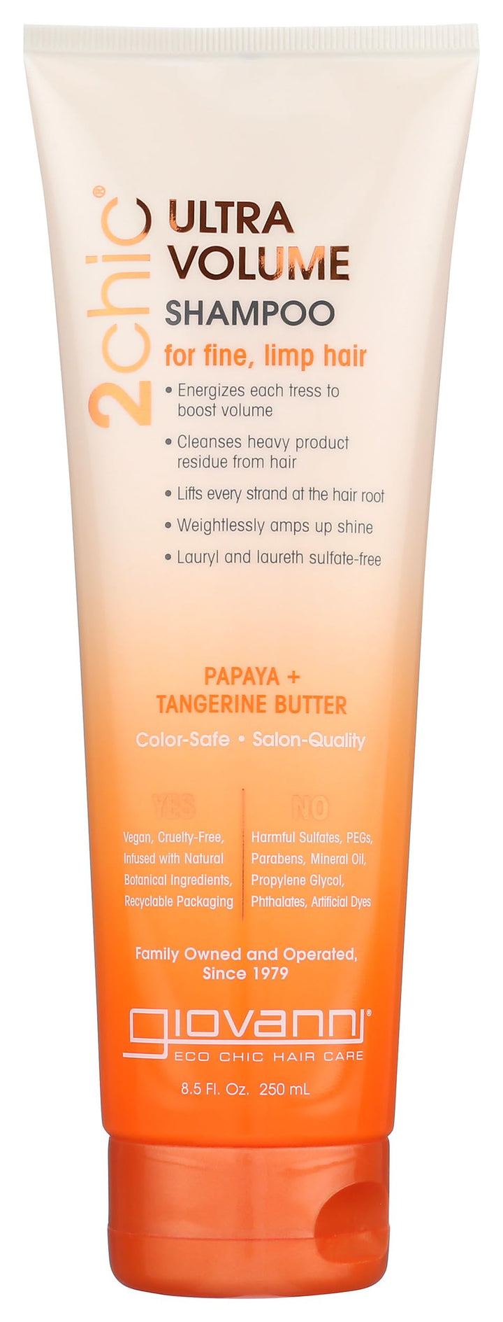 GIOVANNI front bottle shot showing ultra-volume branding and clean design boosting shelf appeal
