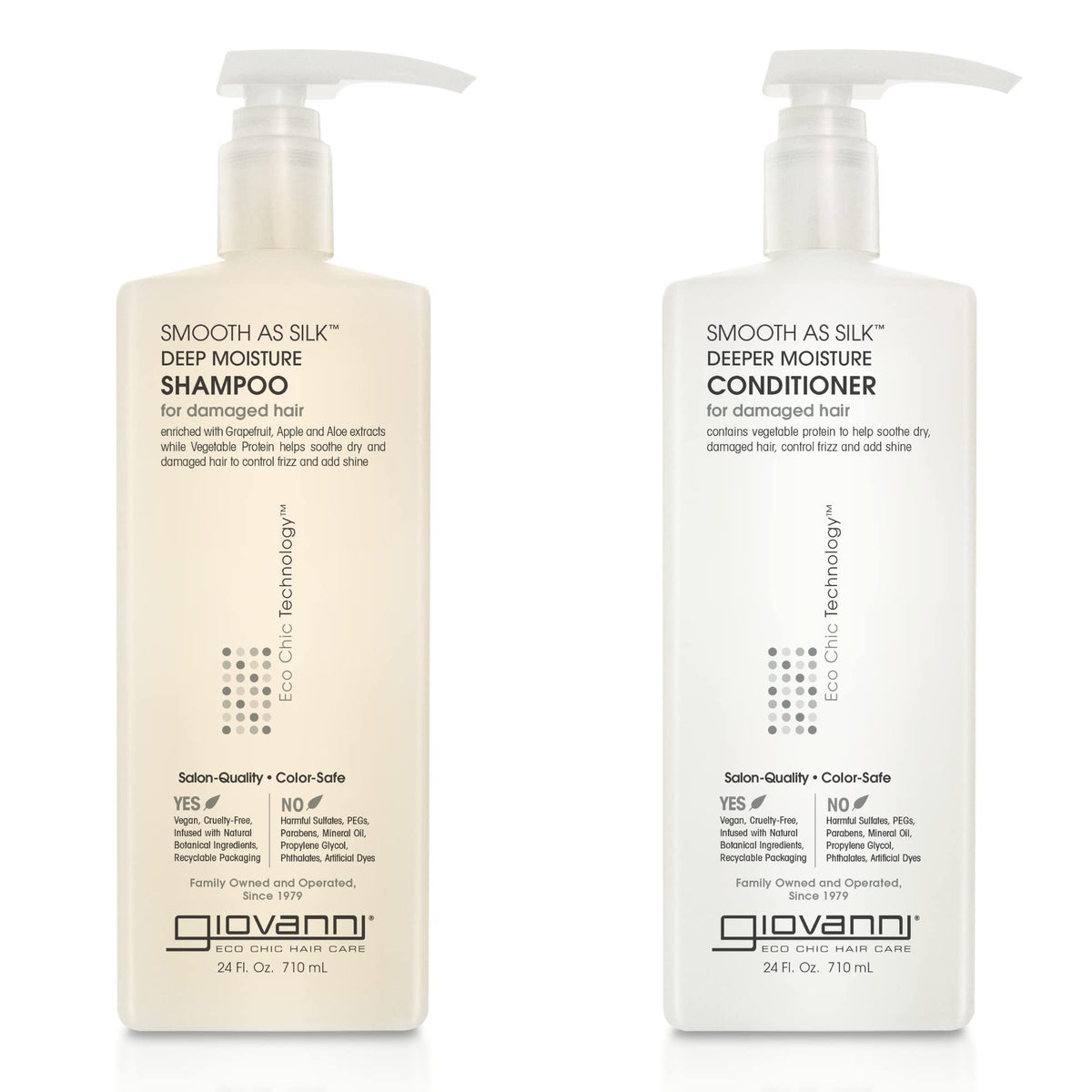 GIOVANNI front packaging showing 24 oz bottles and eco-chic styling benefit