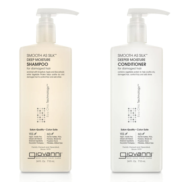 GIOVANNI front packaging showing 24 oz bottles and eco-chic styling benefit