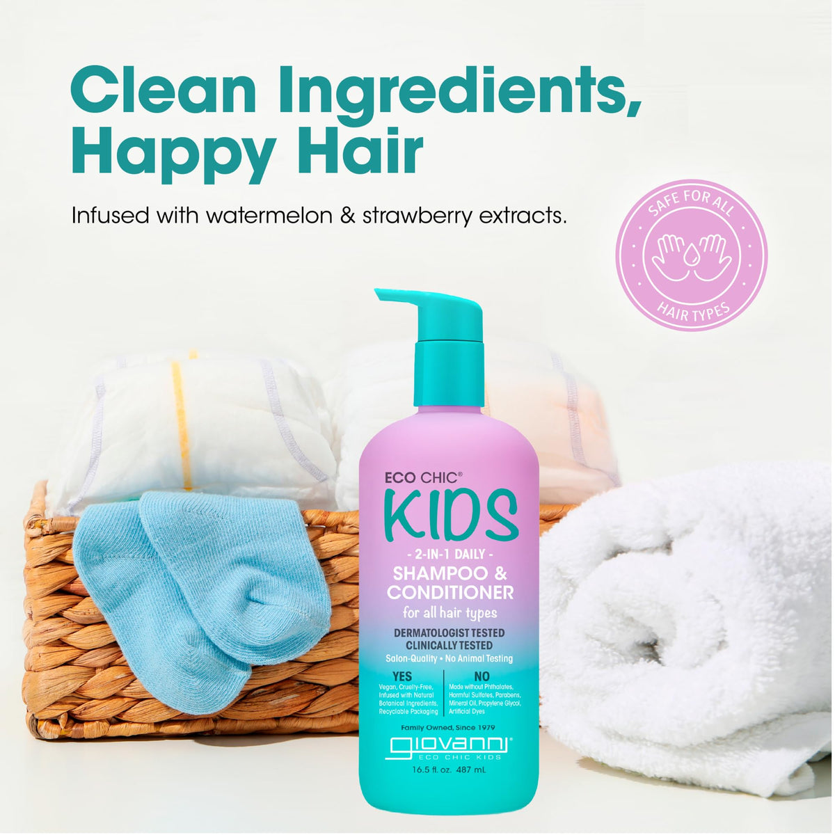GIOVANNI bottle in kids bathtime scene illustrating quick, no-fuss hair care