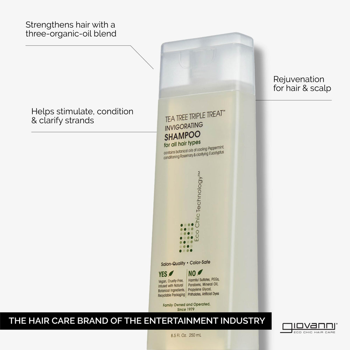 GIOVANNI label closeup highlighting ingredients list and benefits for scalp clarity