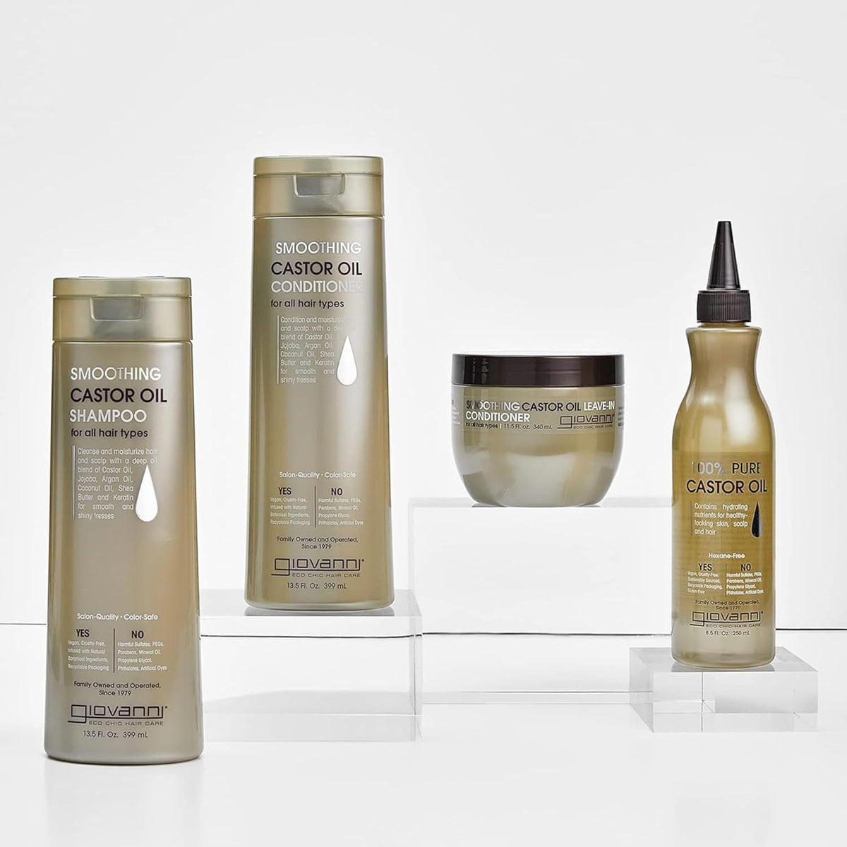 GIOVANNI flatlay of castor jojoba argan oils highlighting nourishment