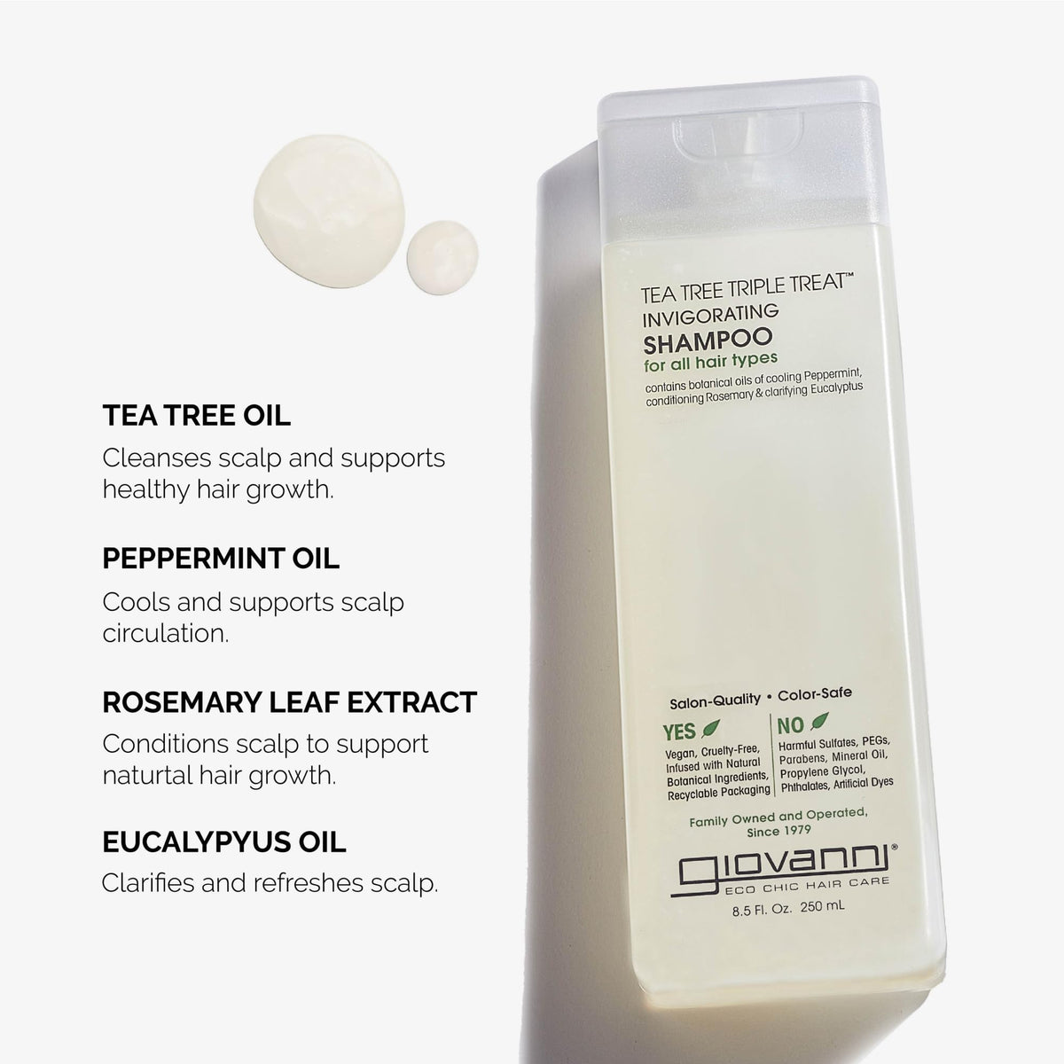 GIOVANNI shampoo texture poured on hand showing lightweight formula and conditioning benefit