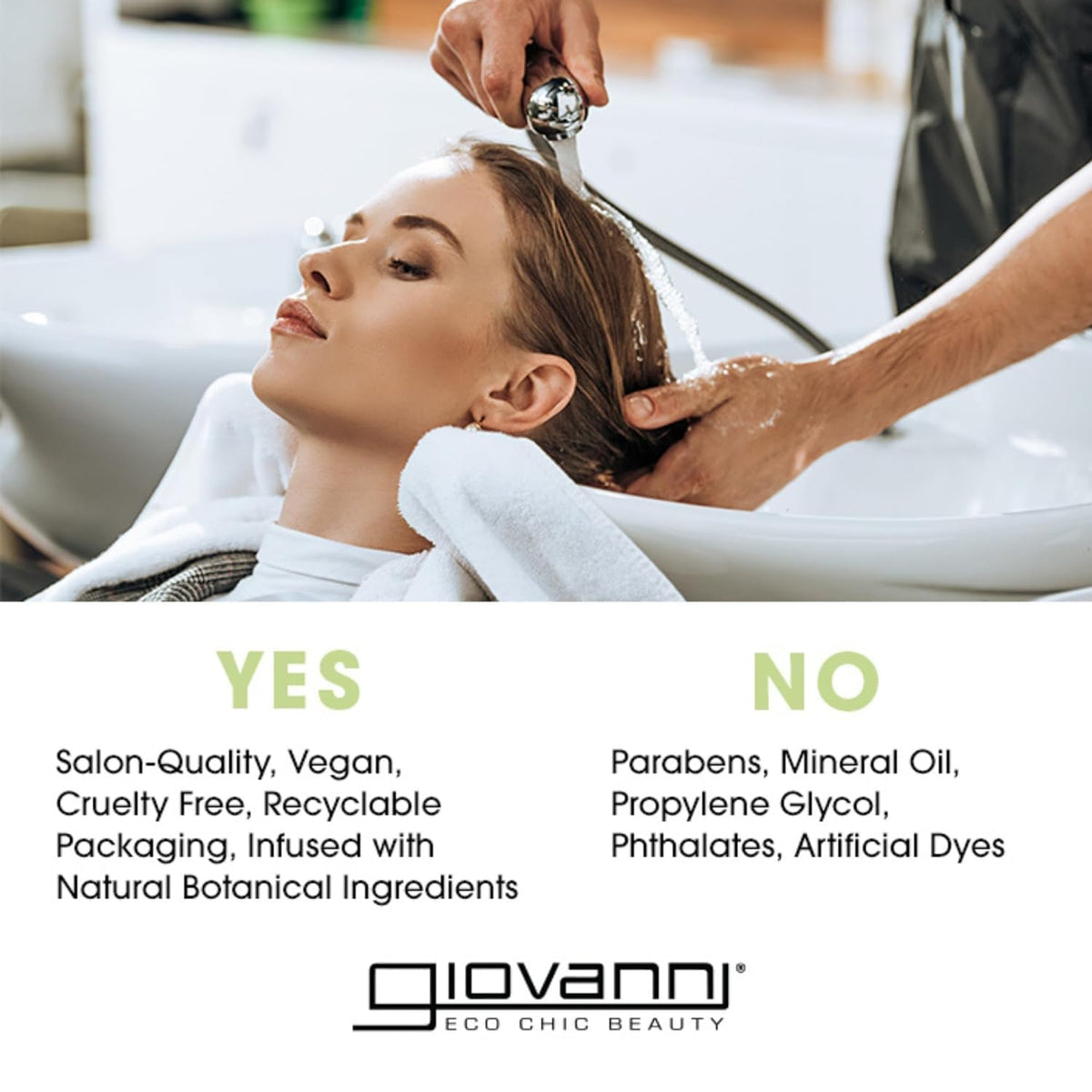 GIOVANNI closeup of pump spraying fine mist on styled hair, even hold and shine