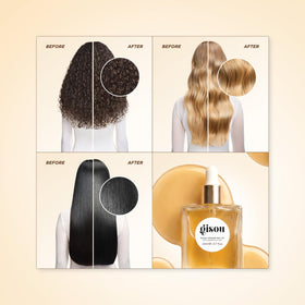 Gisou application on towel-dried hair in bathroom for heat protection