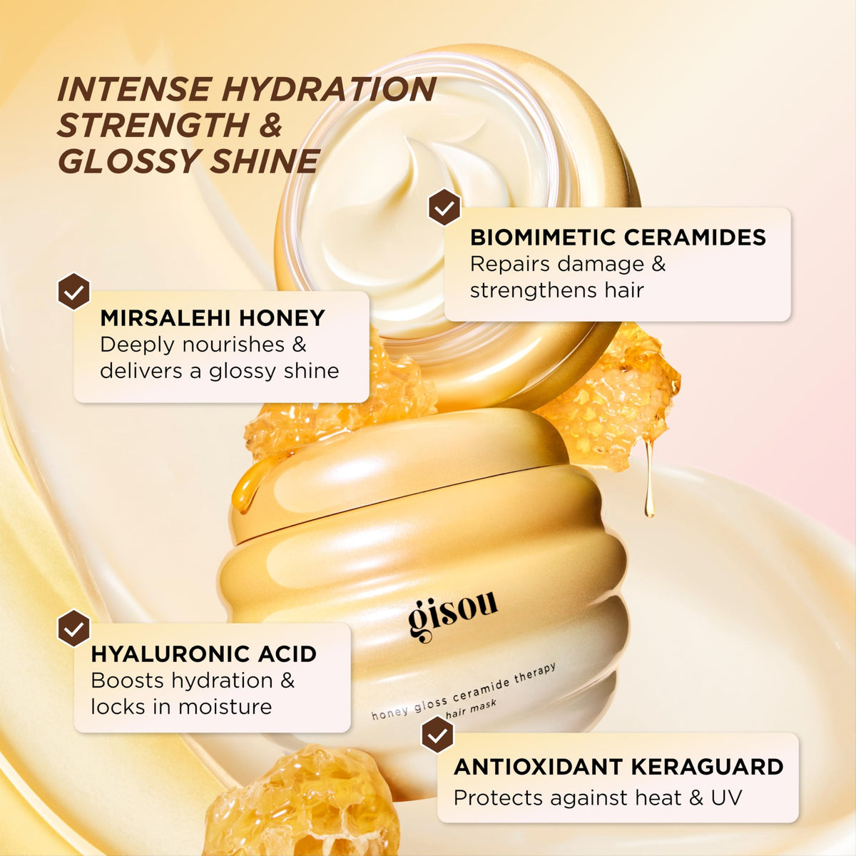 Gisou ceramide and hyaluronic complex detail showing repair benefits