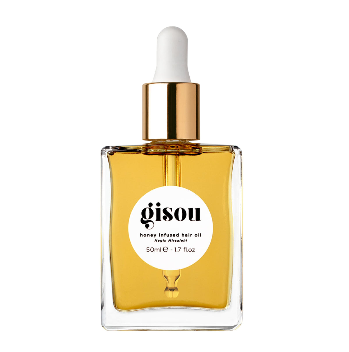 Gisou front bottle showing honey infused hair oil for glossy results