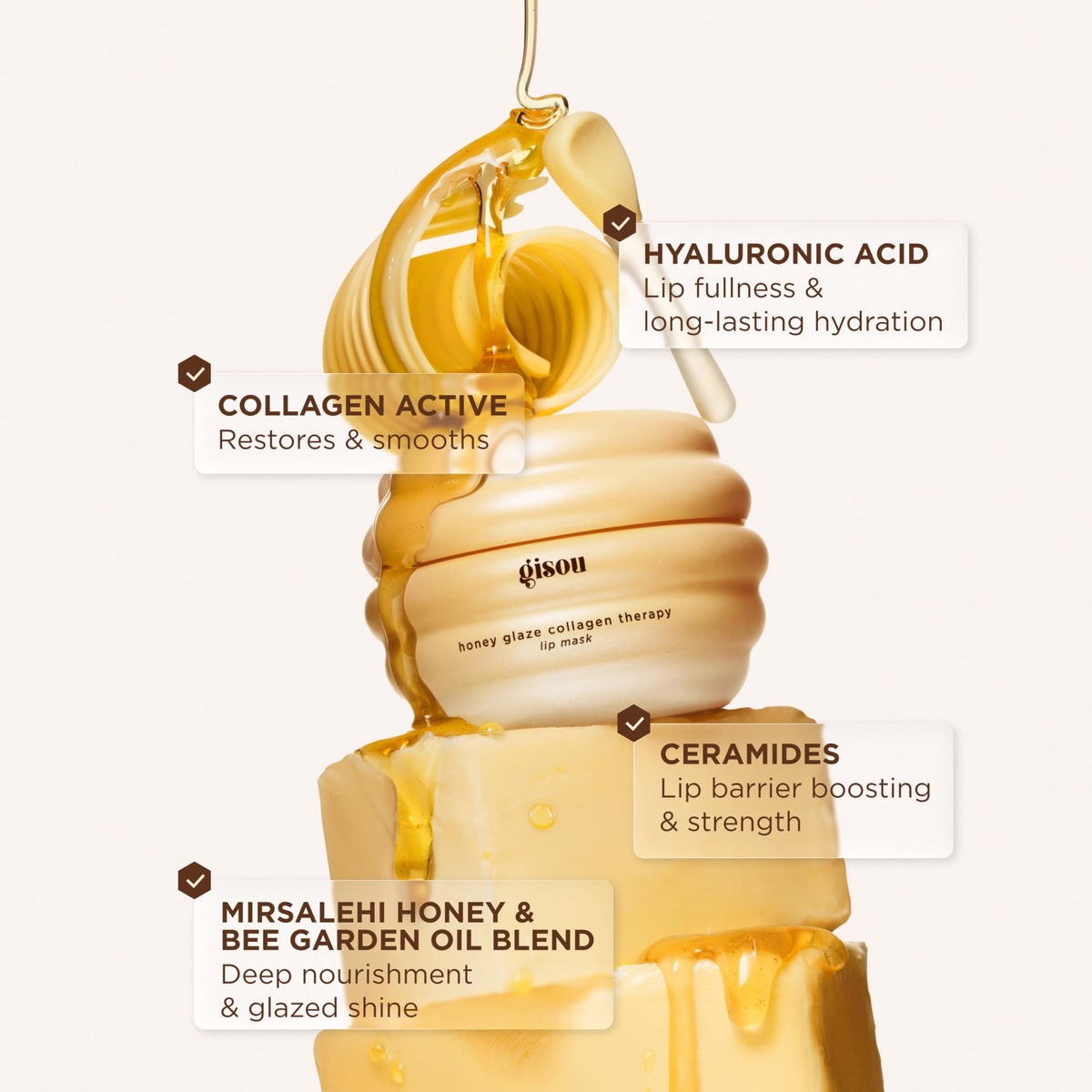 Mirsalehi honey drizzle beside Gisou jar highlighting natural ingredient potency