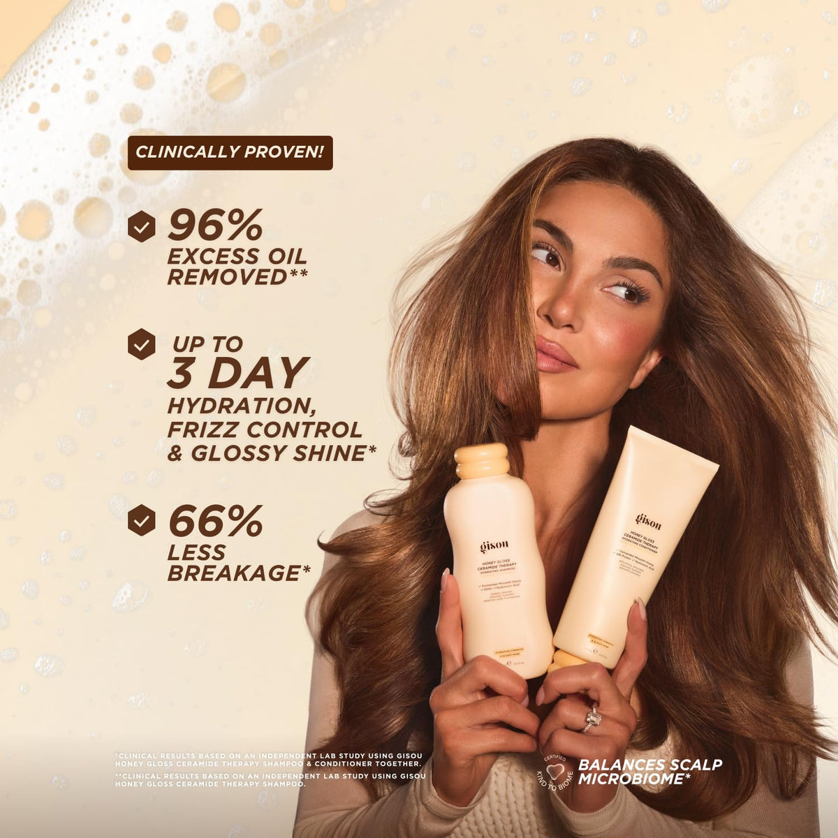 Gisou conditioner texture being dispensed highlighting smooth slip and hydration