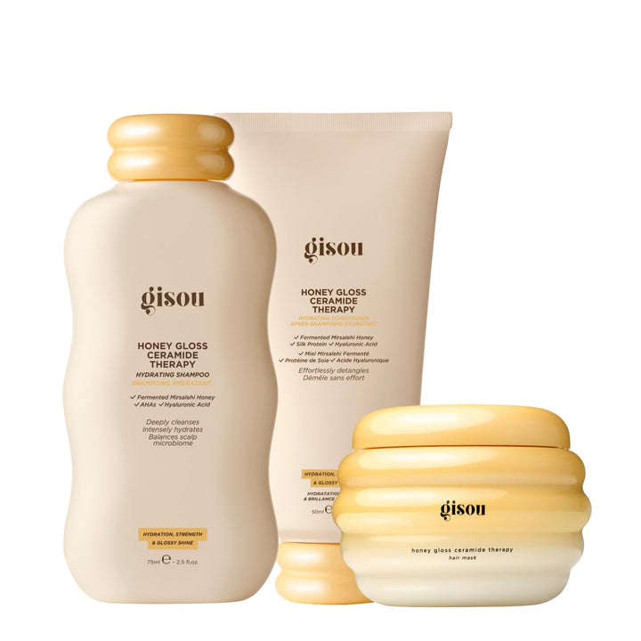 Gisou trio front packaging shows travel-size set for glossy hair
