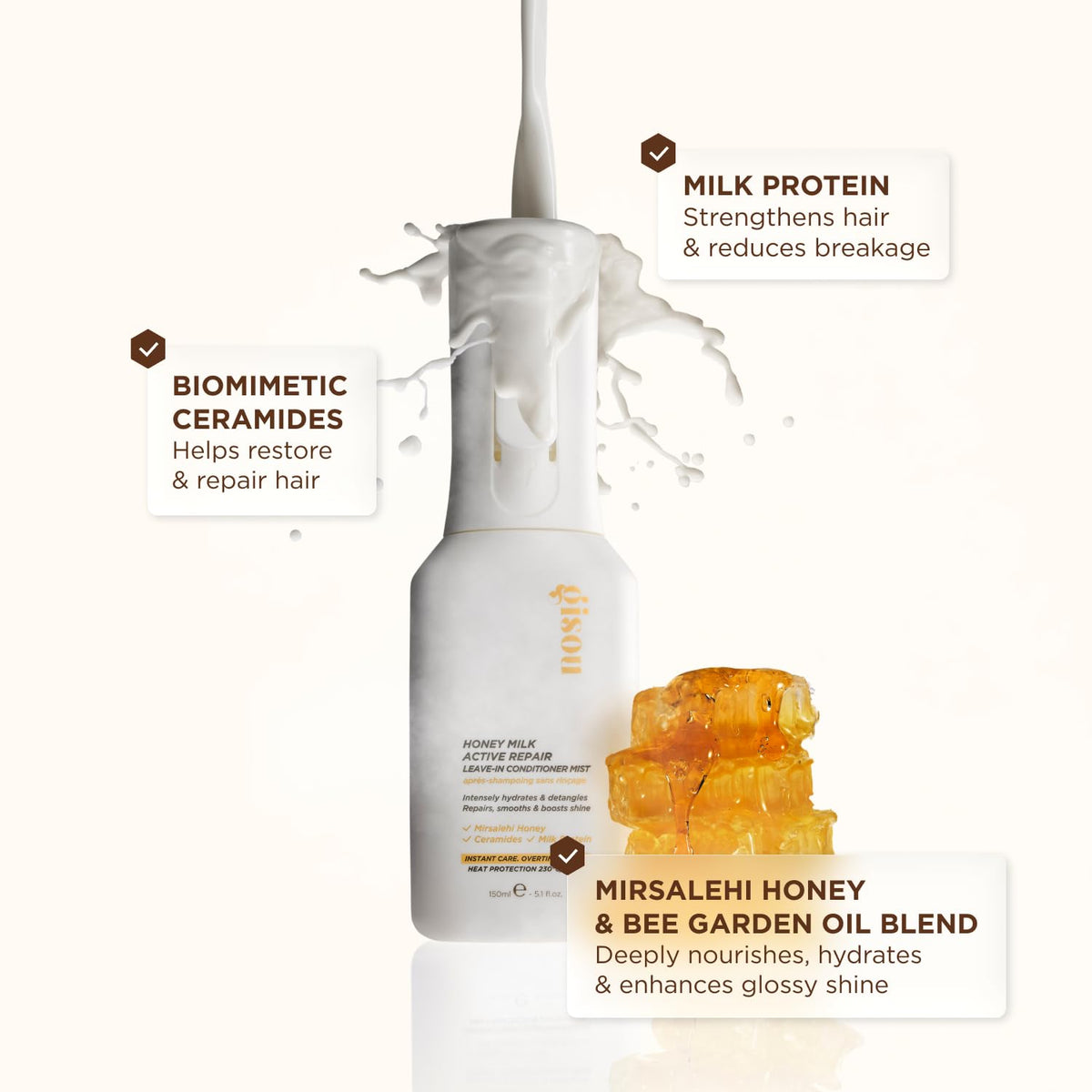 Gisou texture drop showing milky formula that hydrates without weighing hair