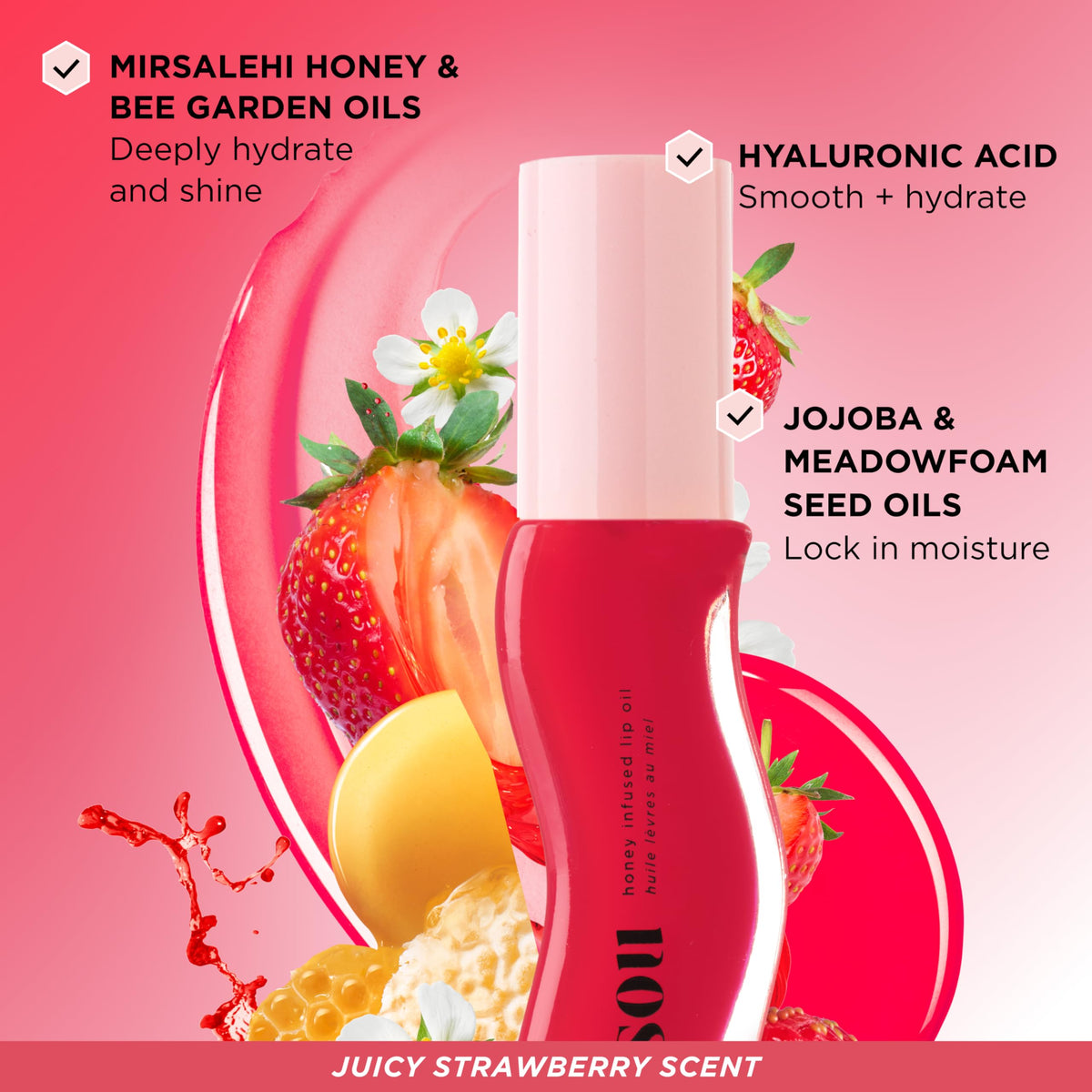 Gisou lip oil worn on lips in lifestyle shot for hydrated, glossy look