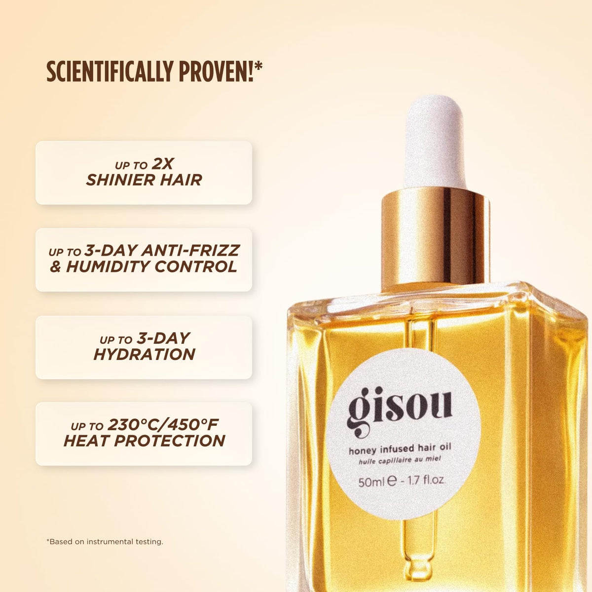Gisou open cap and dropper showing silky oil texture for smooth styling