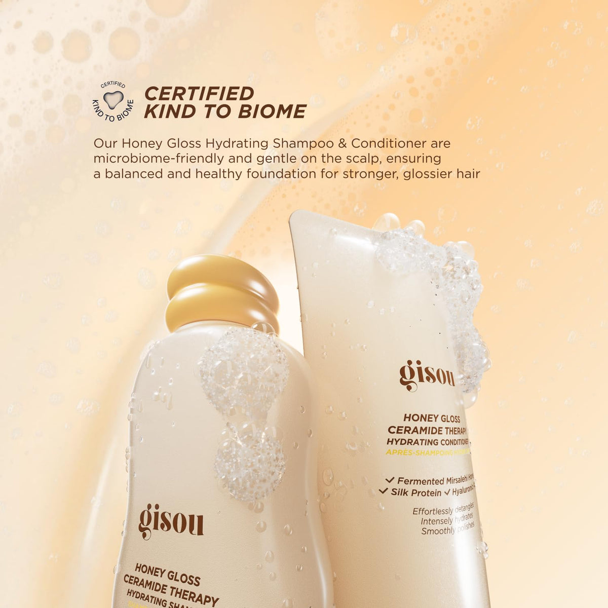 Scalp close-up using Gisou emphasizing balanced microbiome and comfort benefits