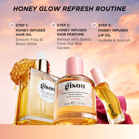 Gisou styled flatlay with honey and flowers showing natural ingredients and glow