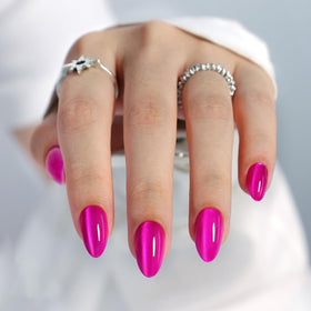 GJZEZ front packaging showing hot pink almond press-on nails and included kit