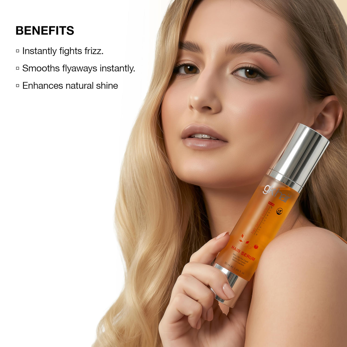 GK HAIR applying serum to damp hair for smoother, more manageable strands