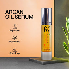 GK HAIR ingredients label close-up highlighting argan oil and gentle formula