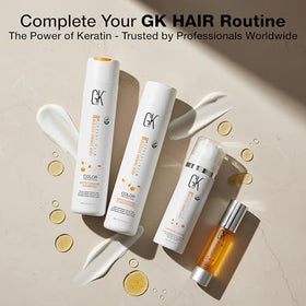 GK HAIR before and after split view showing reduced frizz and added shine
