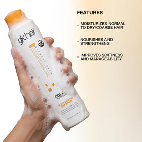 GK HAIR bottle beside color swatches demonstrating color-safe benefit