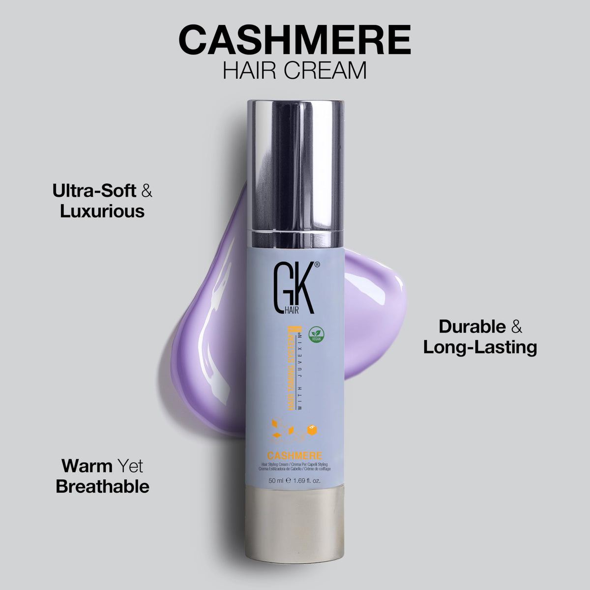 GK HAIR cashmere next to common items showing 1.69 oz scale for travel-friendly benefit