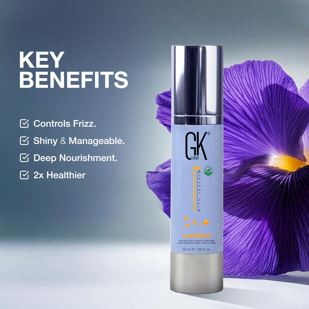 GK HAIR cashmere on hand showing recommended small amount and lightweight control