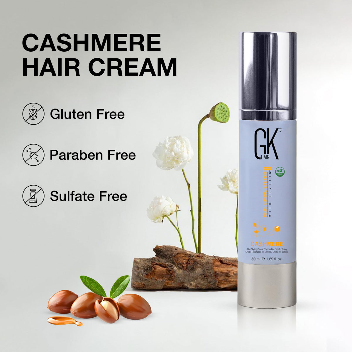 GK HAIR cashmere styled hair ends showing glossy, soft finish that improves manageability